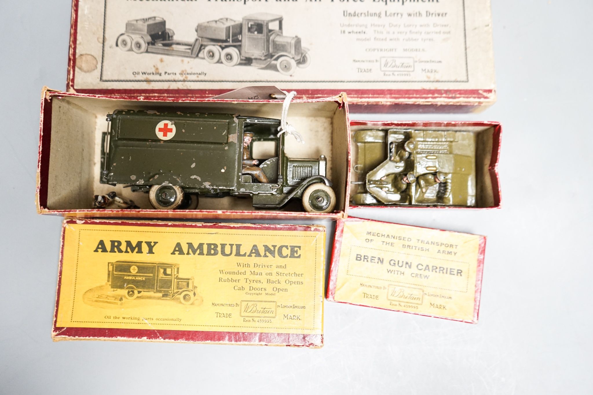 Britain's 1641 Mechanical Transport and Air Force Equipment 1512 Khaki Army Ambulance and 1876 Bren Gun Carrier all in original boxes, pre-war